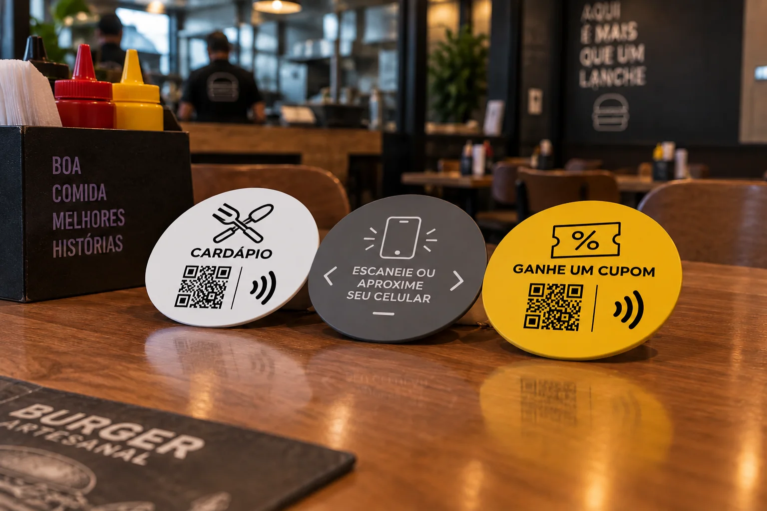 Totem Clibye na mesa de um restaurante, com discos de Cardápio, Escaneie ou aproxime e Ganhe um cupom