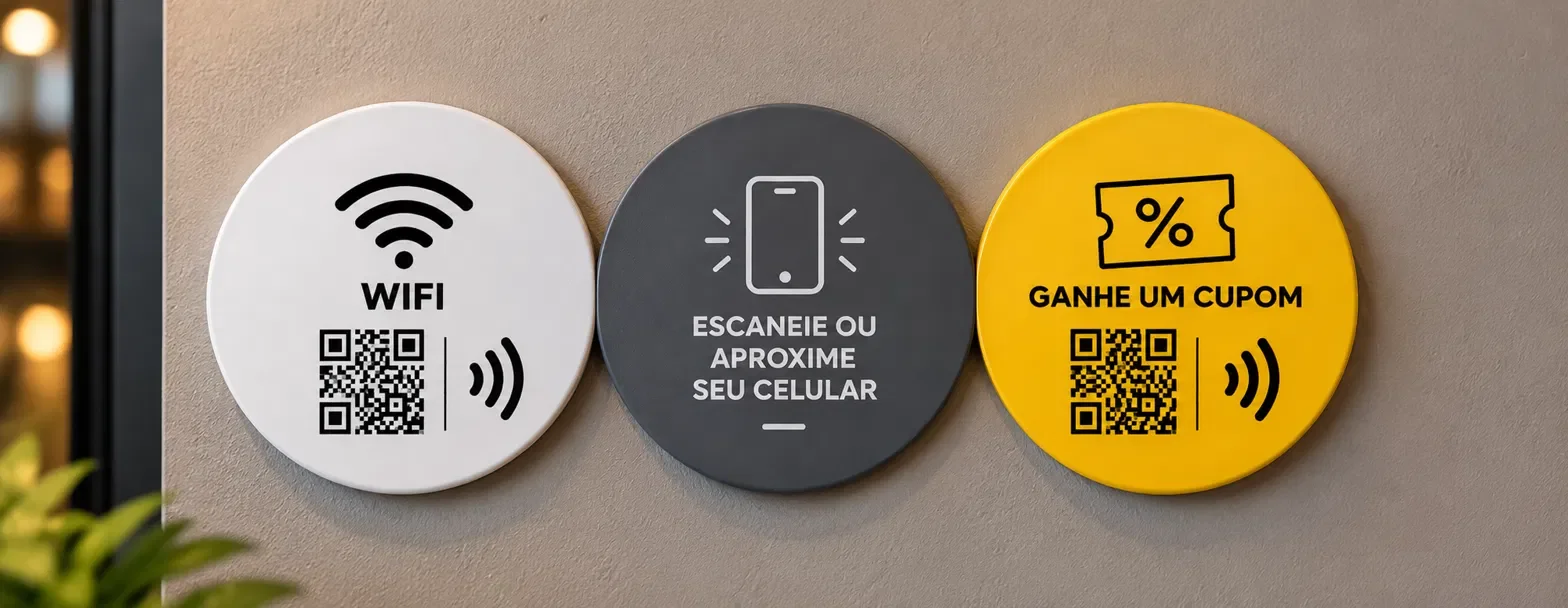 Close-up dos três discos do totem Clibye: Wi-Fi, Escaneie ou aproxime seu celular e Ganhe um cupom